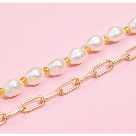 Double Layer Faux Pearl Chunky Gold Paperclip chain Necklace Cottagecore Classy - Picture 3 of 7